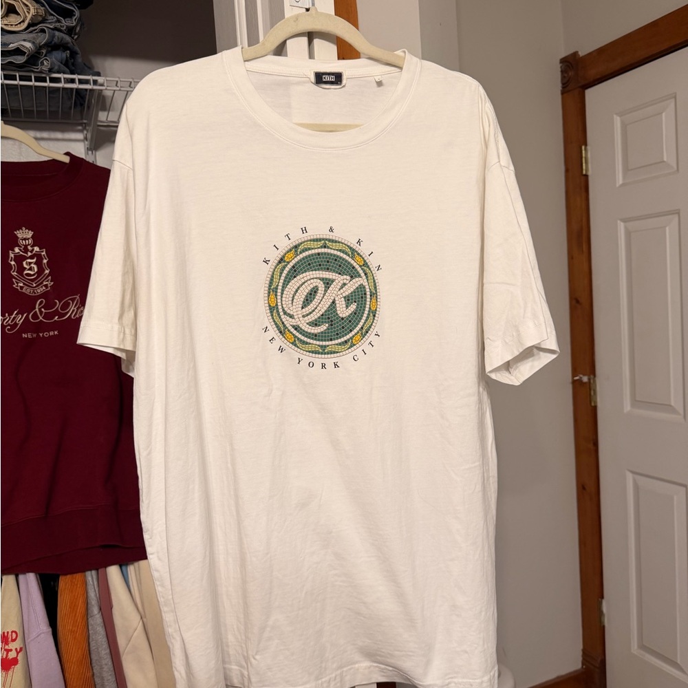 Kith and Kin White Tee with Green and Yellow Emblem